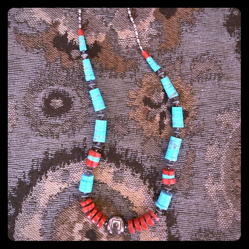 Turquoise and red stone necklace